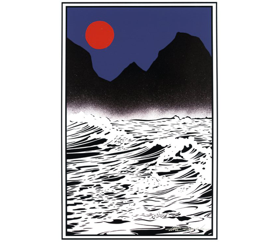 Red Sun with Waves and Rocks print by Aki Sogabe